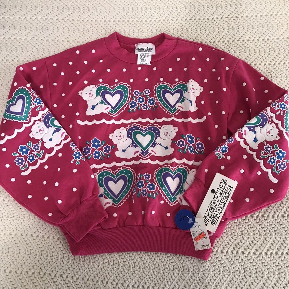 Vintage Polka dot Teddy Bear Sweatshirt Pink Size 10/12 Kids Hearts Flowers